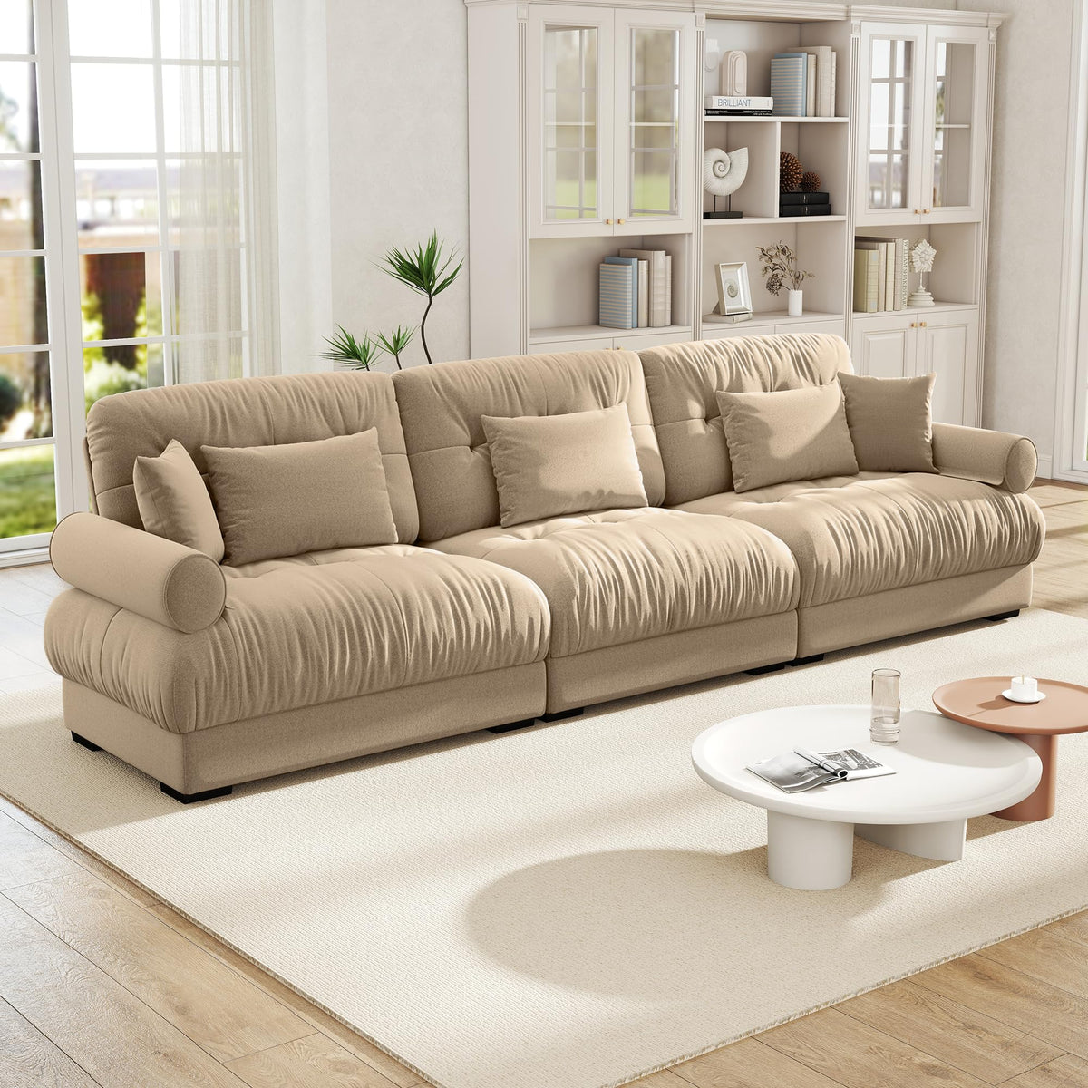 Velvet Modular Sectional Sofa,130" W Oversized U Shape Cloud Couch with 2 Ottomans,Free Combined 3 Seater Comfy Sofa with Bolster Armrest Pillows,Green for Living Room