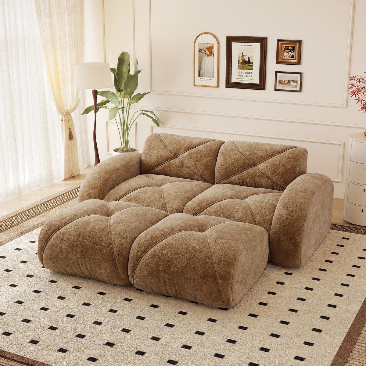 110.6" U Shaped Boneless Couch with Ottoman, Convertible Modular Sectional Cloud Sofa, Deep Seat 5 Seater Velvet Couch, 32D High Density Foam Sofas for Living Room, No Assembly Required, Camel