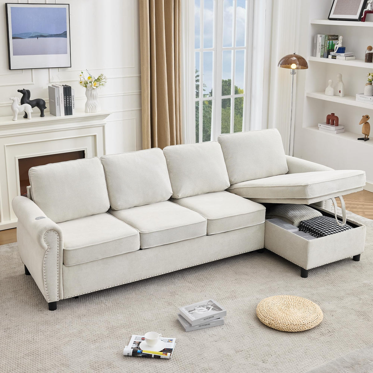 106'' Flannelette Fabric L Shaped 4 Seater Modular Sleeper Couch, 2-in-1 Pull Out Sofa Bed with USB Charging Ports, Memory Foam Mattress, and Storage Chaise for Living Room (Beige, 106'' L Shaped)