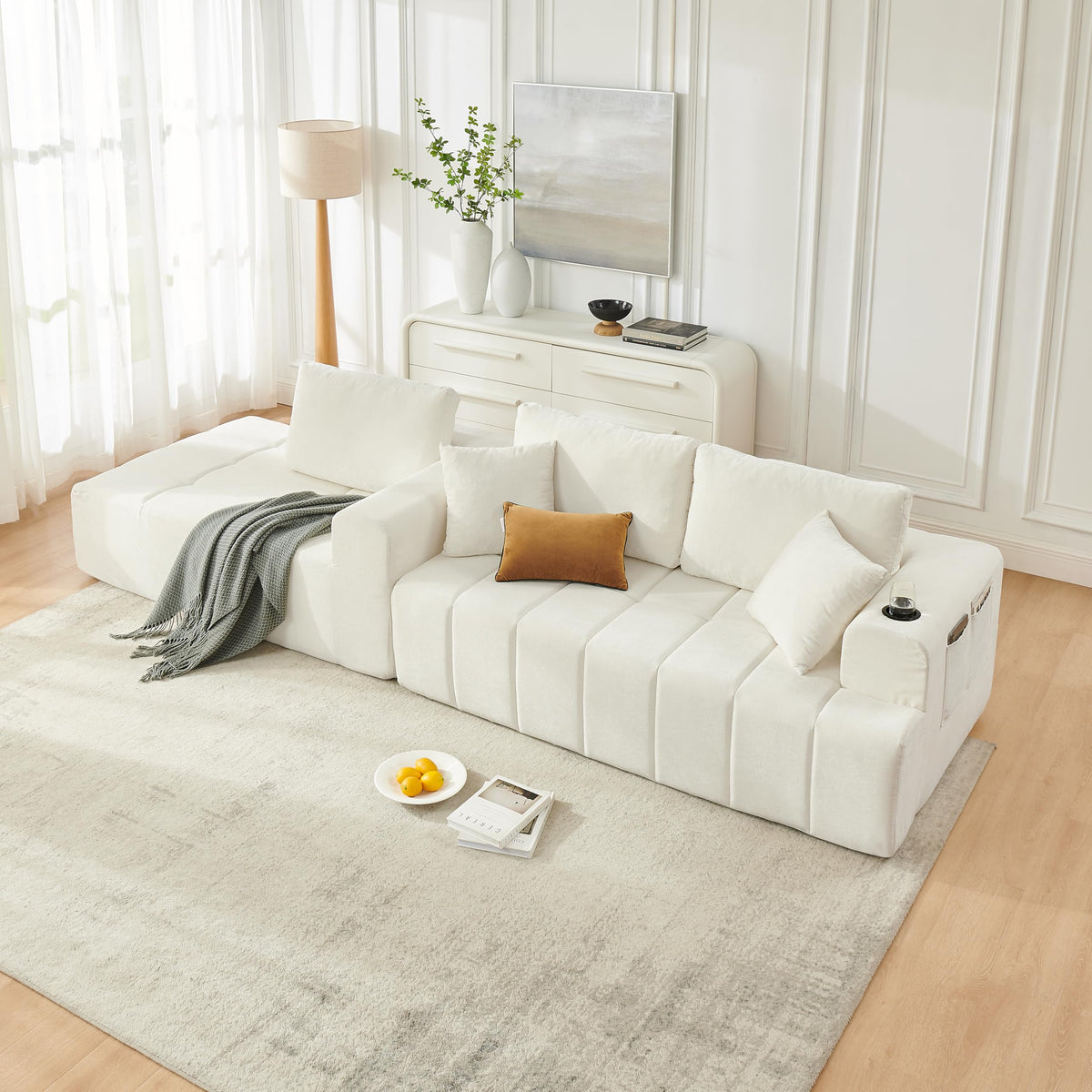 108" Oversized Cloud Boneless Sofa Couch with Chaise, Modern Tufted Chenille L Shaped Modular Sectional Sofa with Deep Seat, Comfy Corner Couch with Cupholders and Storage, No Assembly Required