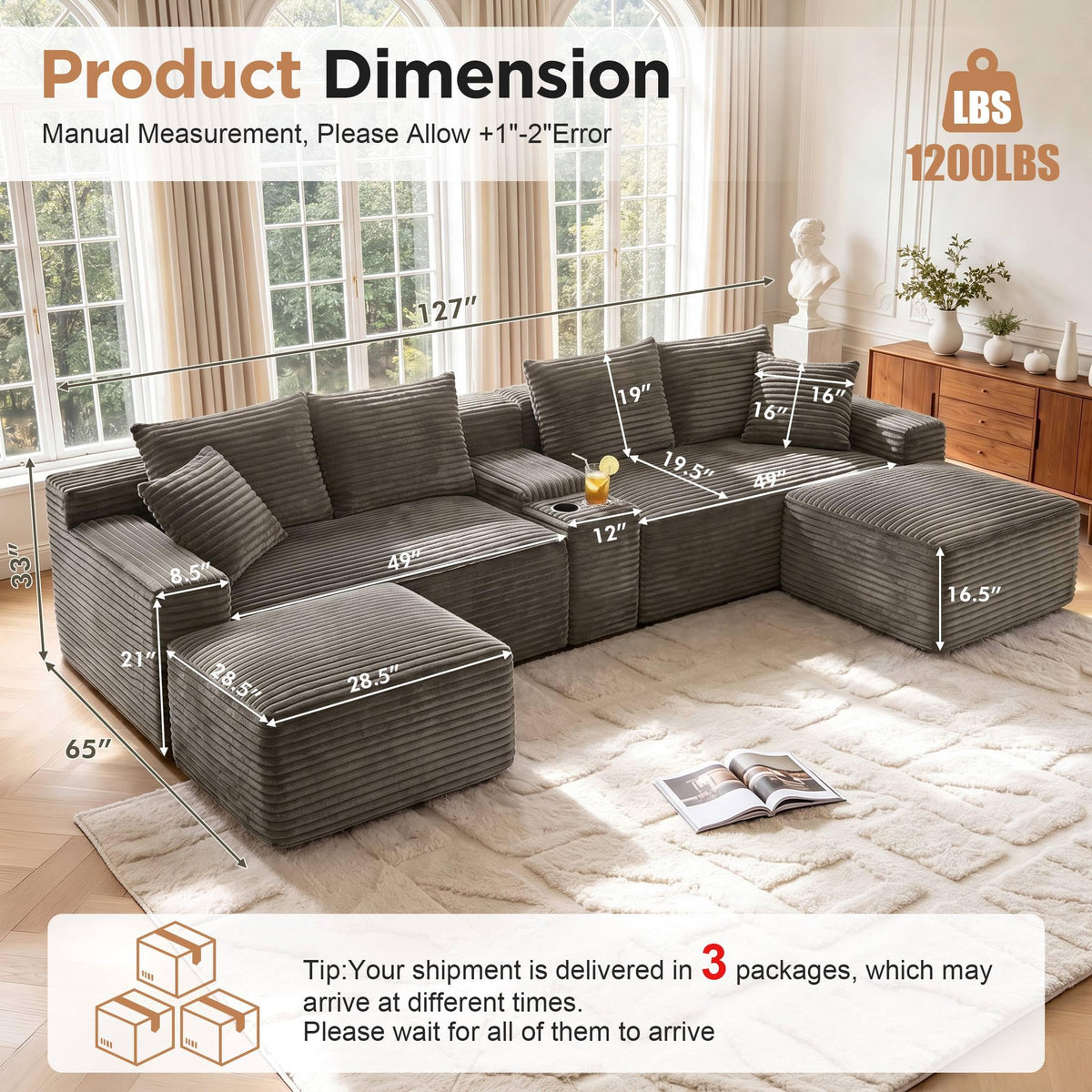 127" U-Shaped Boneless Sofa with Center Console for Living Room, Brown