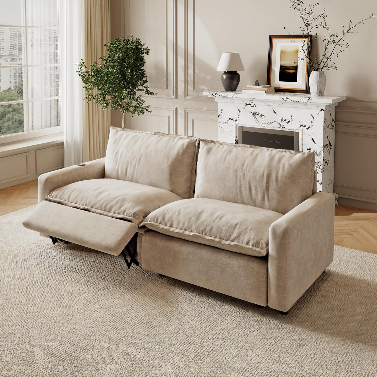 WJShome 83'' Loveseat Power Recliner Sofa with Footrest, Oversized Modular Sectional Power Reclining Sofa with USB/Type C Port/Wireless Charging Station/Heatable Seat Cushion, Khaki