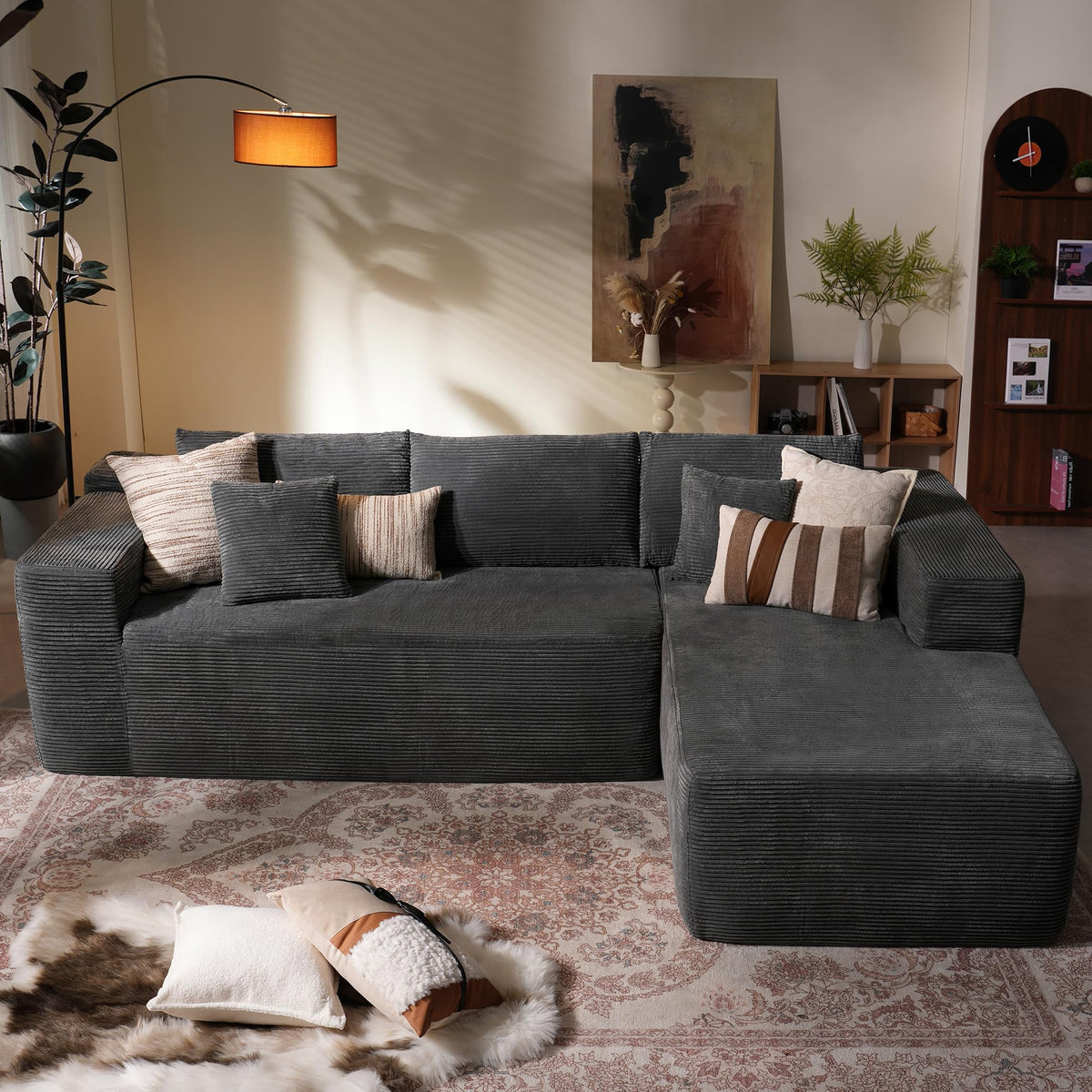 106" Modular Cloud Sectional Sofa Couch - L Shaped Lounge Couches for Living Room with Chaise,Mdoren Minimalist Sleeper Sofa,Deep Seat,No Assembly Required (Black,Plush Fur, Left Facing Chaise)