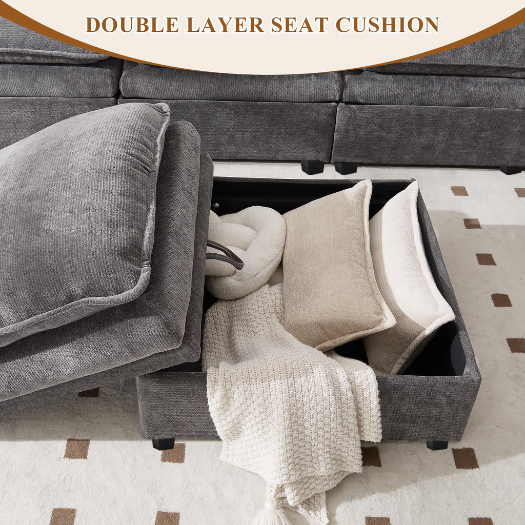 108" Modular Sectional Sofa with Storage Ottoman, Sectional Couches for Living Room, Chenille U Shaped Cloud Couch with Pillow, Deep Seater Sofa for Apartment (Light Gray, 4 Seater with 4 Ottoman)