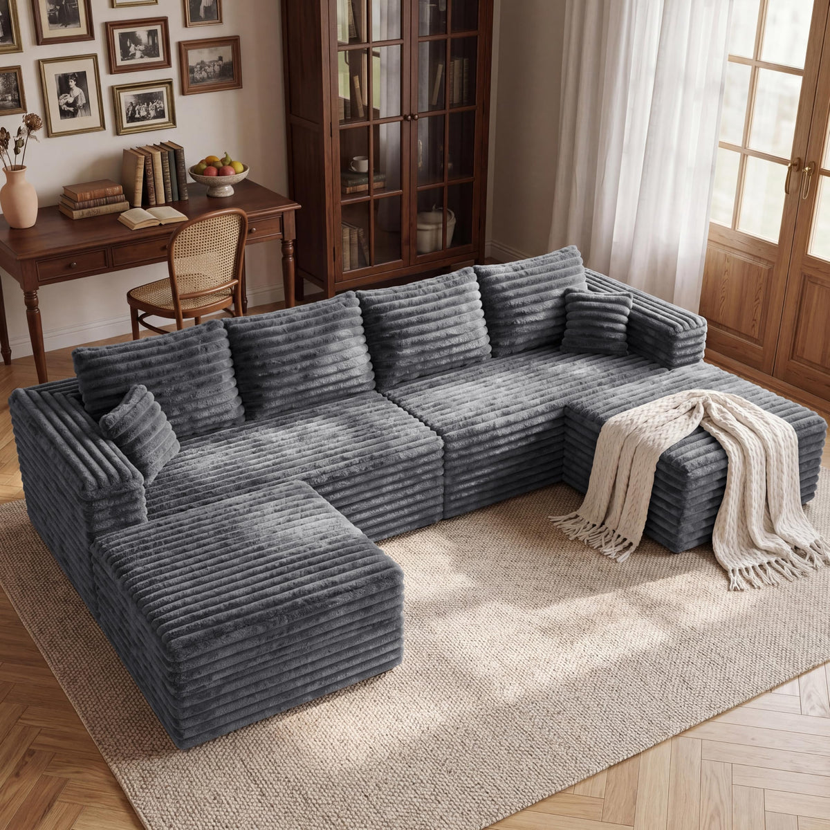 118'' U-Shaped Cloud Modular Sectional Sofa, Modern Corduroy Comfy 4-Seater Couch with 2 Ottomans, Upholstered Boneless Deep Seat Plush Sofa, No Assembly Needed, for Large Living Room, Grey