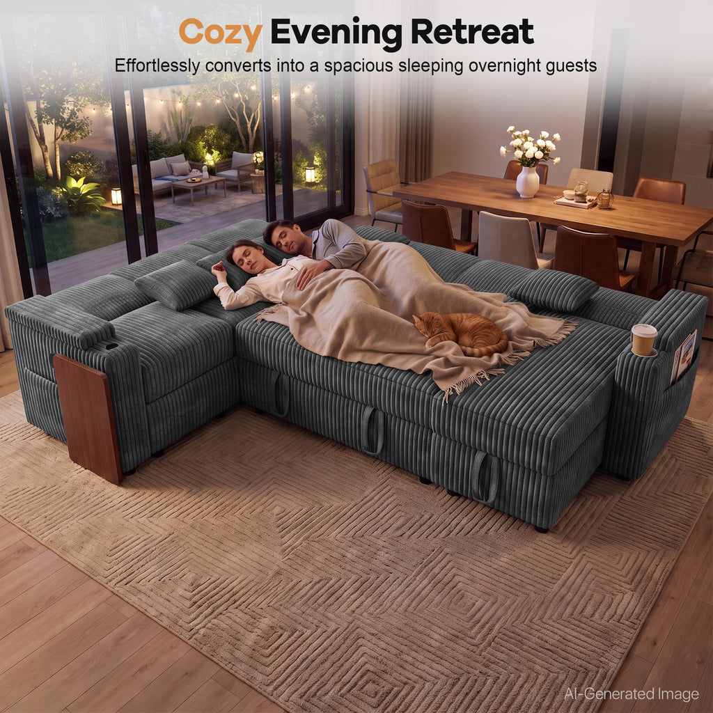 100" U Sectional Sleeper Sofa Pull Out Couch for Living Room, Grey