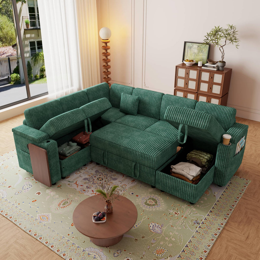 100" Modular Sectional Sleeper Sofa with Pull Out Bed/Side Table/USB Charging/Storage Chaise, Comfy Convertible Cloud Couch, U Shaped 7 Seat Corduroy Sofa with Cup Holders,Green