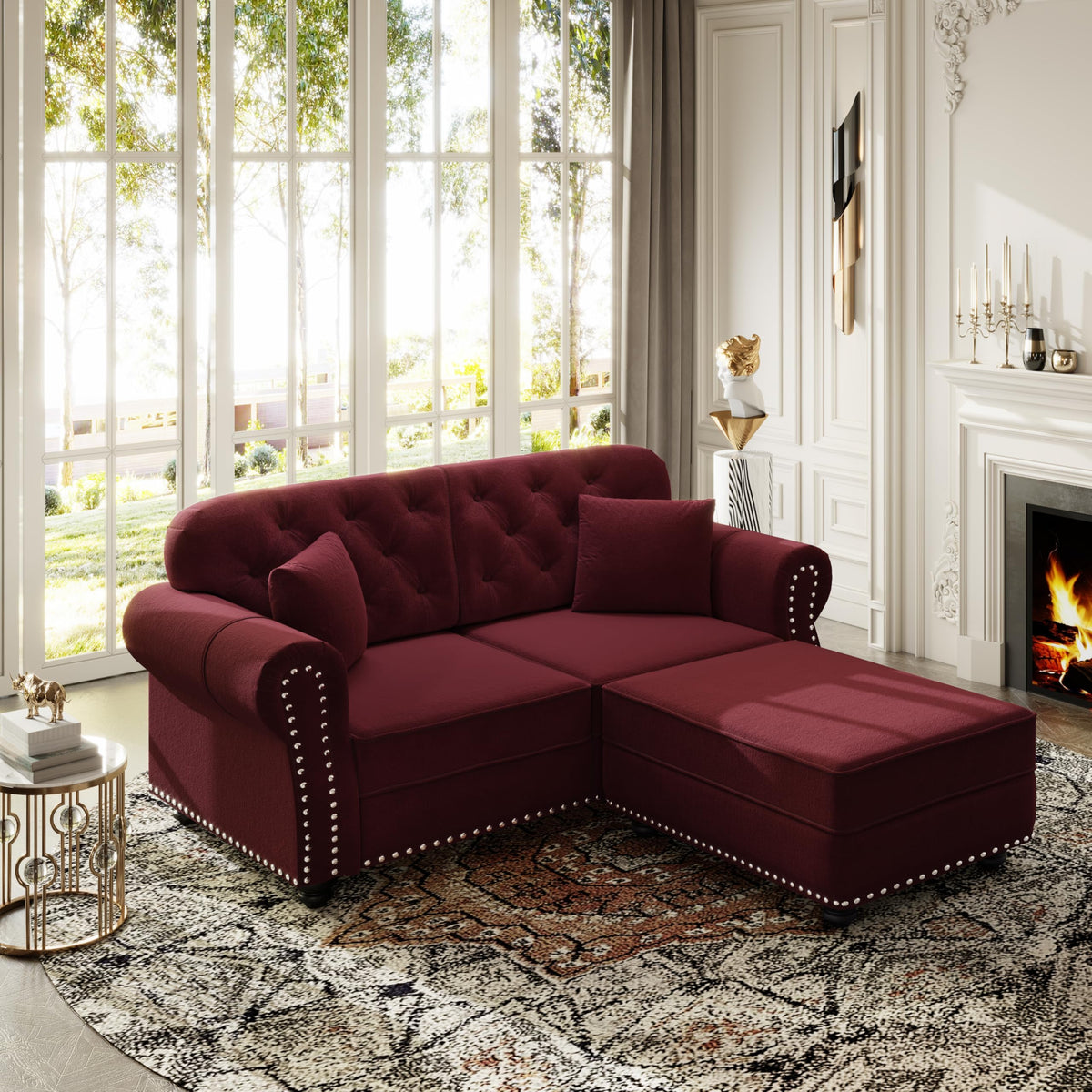 Velvet Chesterfield Sofa with Rolled Arms & Nailhead Trim, Modular Sectional Sofa Couches, Modern Cloud Sofa with Button Tufted, for Living Room, Bedroom, Small Space