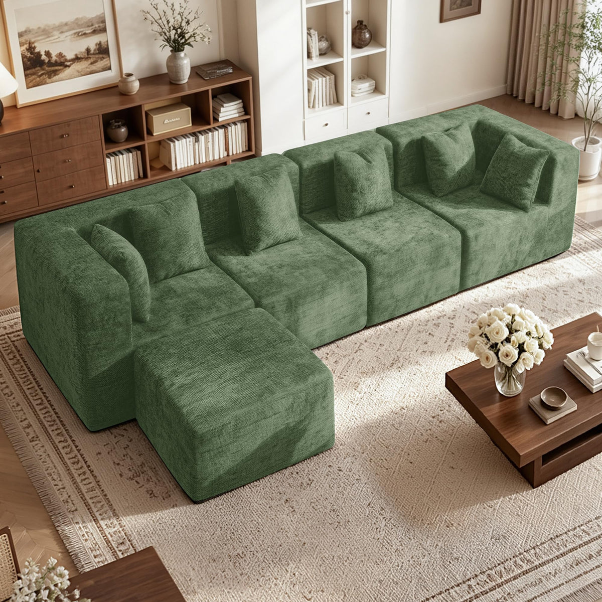 103" Three-Layer Sponge Boneless Couch sectional for Living Room Modular sectional Sofa High-Back 4-Seater L-Shape Couch with Ottoman Memory Foam Waterproof Chenille Black