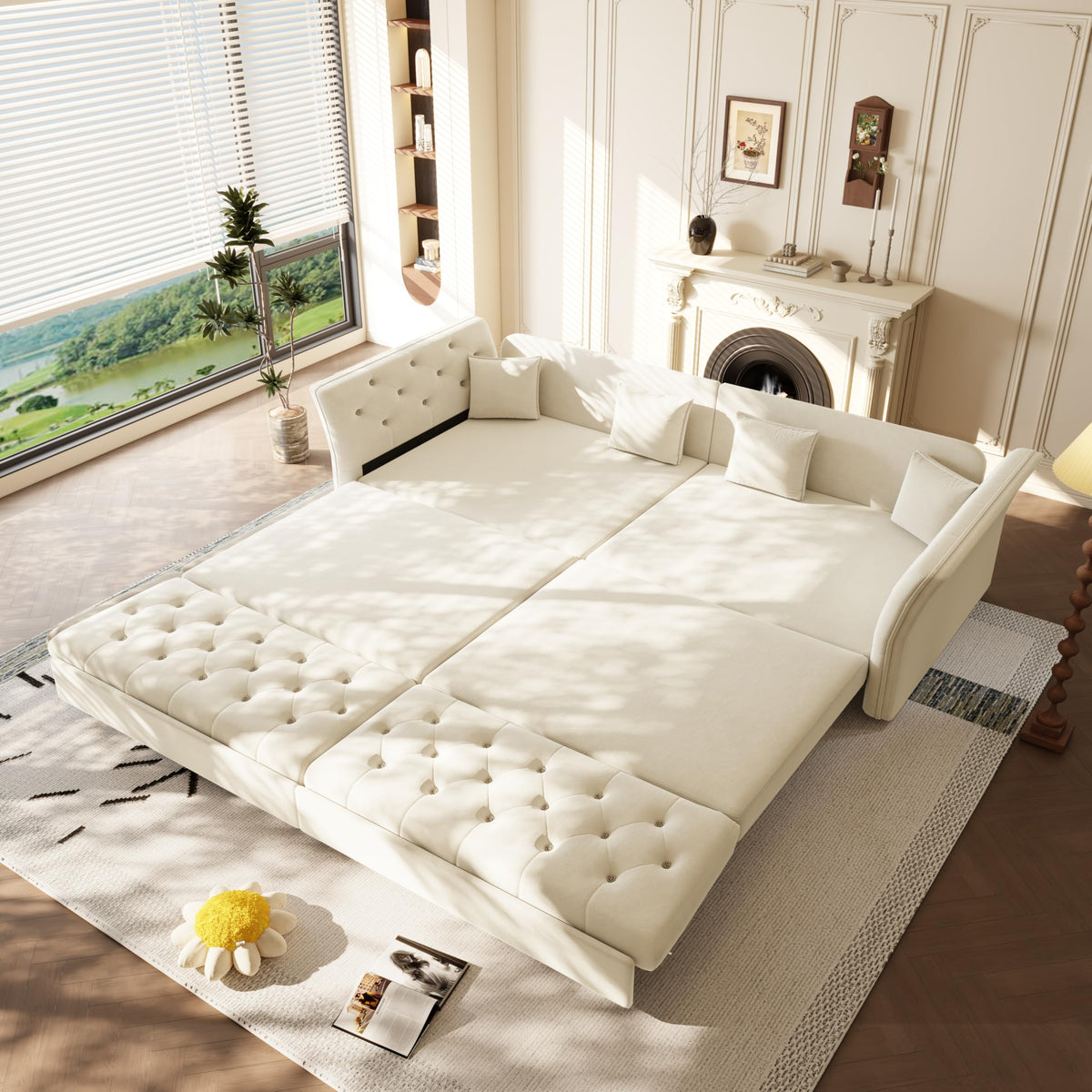 100" Oversize Pull Out Sofa Bed, Convertible Sleeper Sofa with Handmade Fabric Flower Tufted Design,Multi Functional Velvet Loveseat Bed for Living Room,Bedroom,Apartment,Beige,White