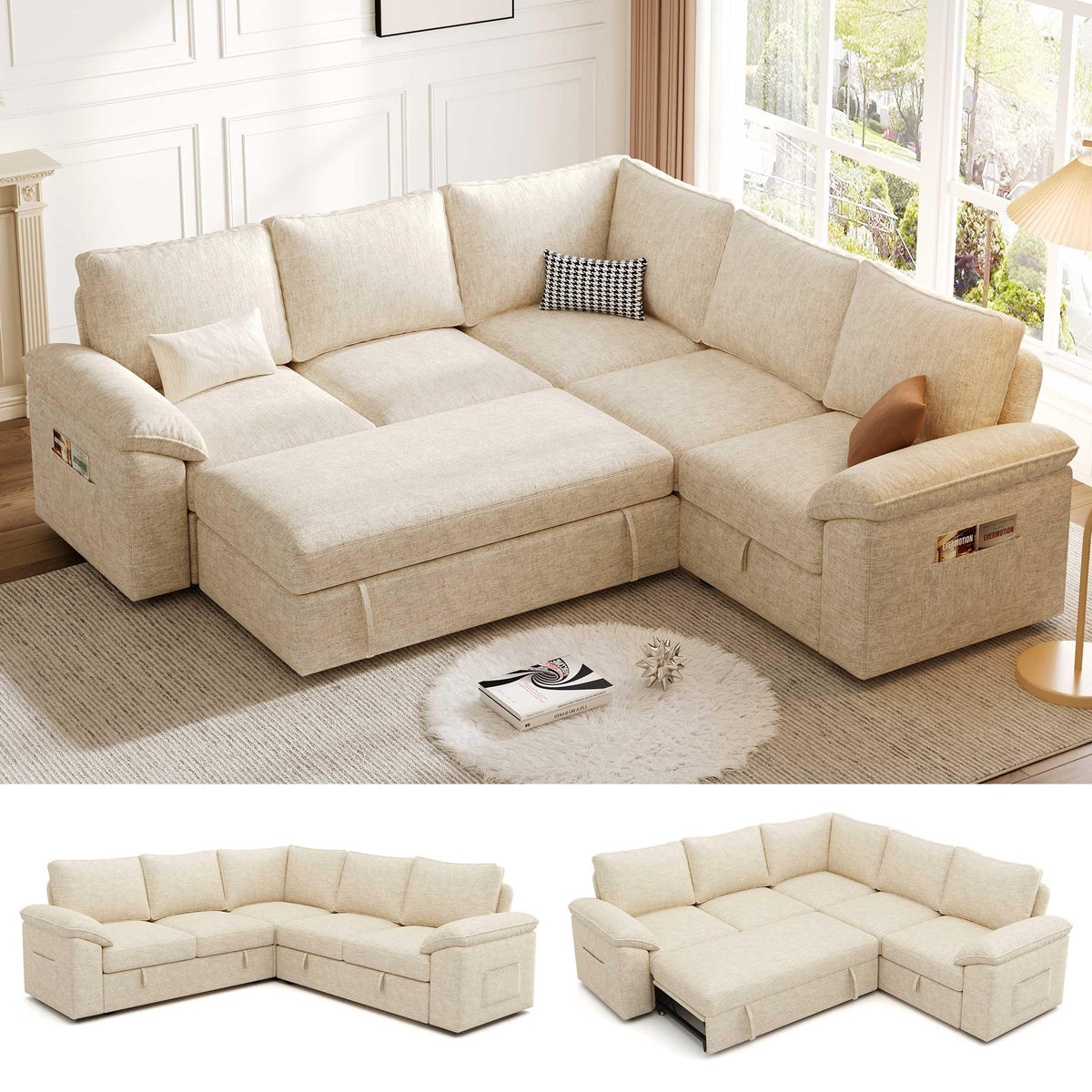 Weture 108" Modular U Shaped Sectional Sofa with Pull Out Sleeper Bed and Storage, 7 Seater Cloud Couch for Living Room, Light Grey