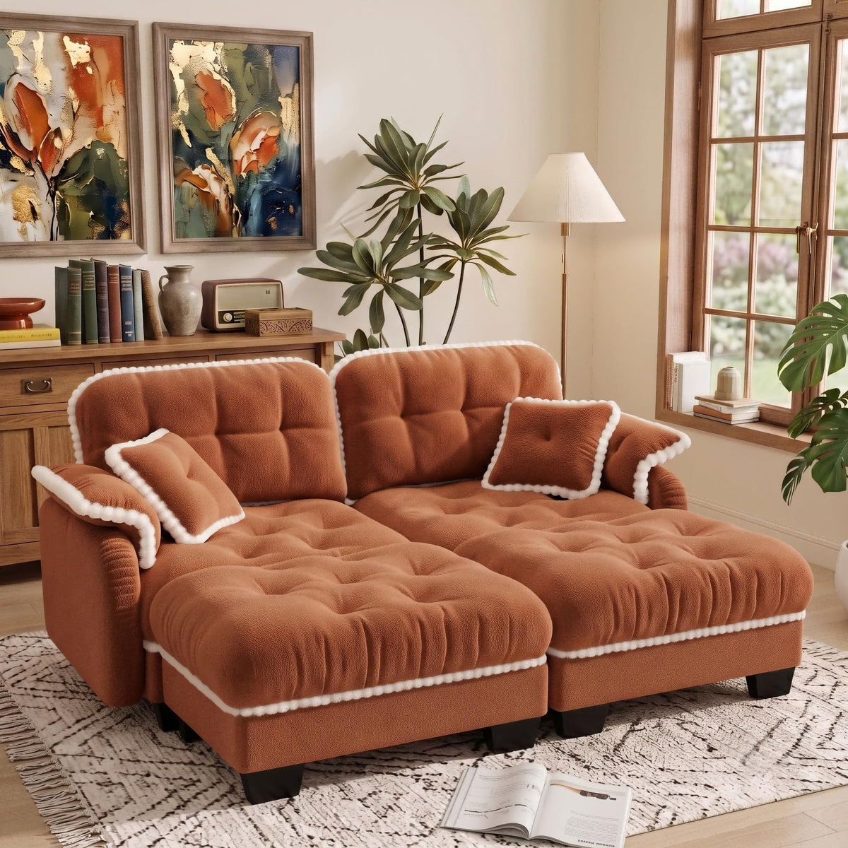 100.7" Chenille Cloud 3-Seater Sofa, Tufted Deep Seat Couch with Pom-Pom Trim & 4 Pillows, Ergonomic Easy Assembly Modular Sofa for Living Room & Apartment（Green ）