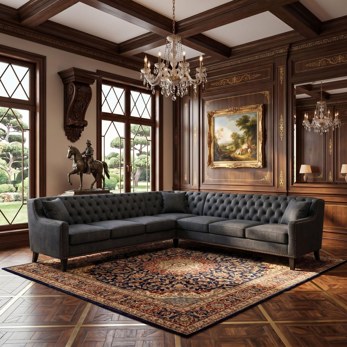103" Chesterfield Sectional Sofa,Faux Leather Upholstered Couch,Mid-Century Style Oversized 7-Seat Button Tufted Corner Couch with Nailhead Trim,Modern L Shaped Couches for Living Room,Brown