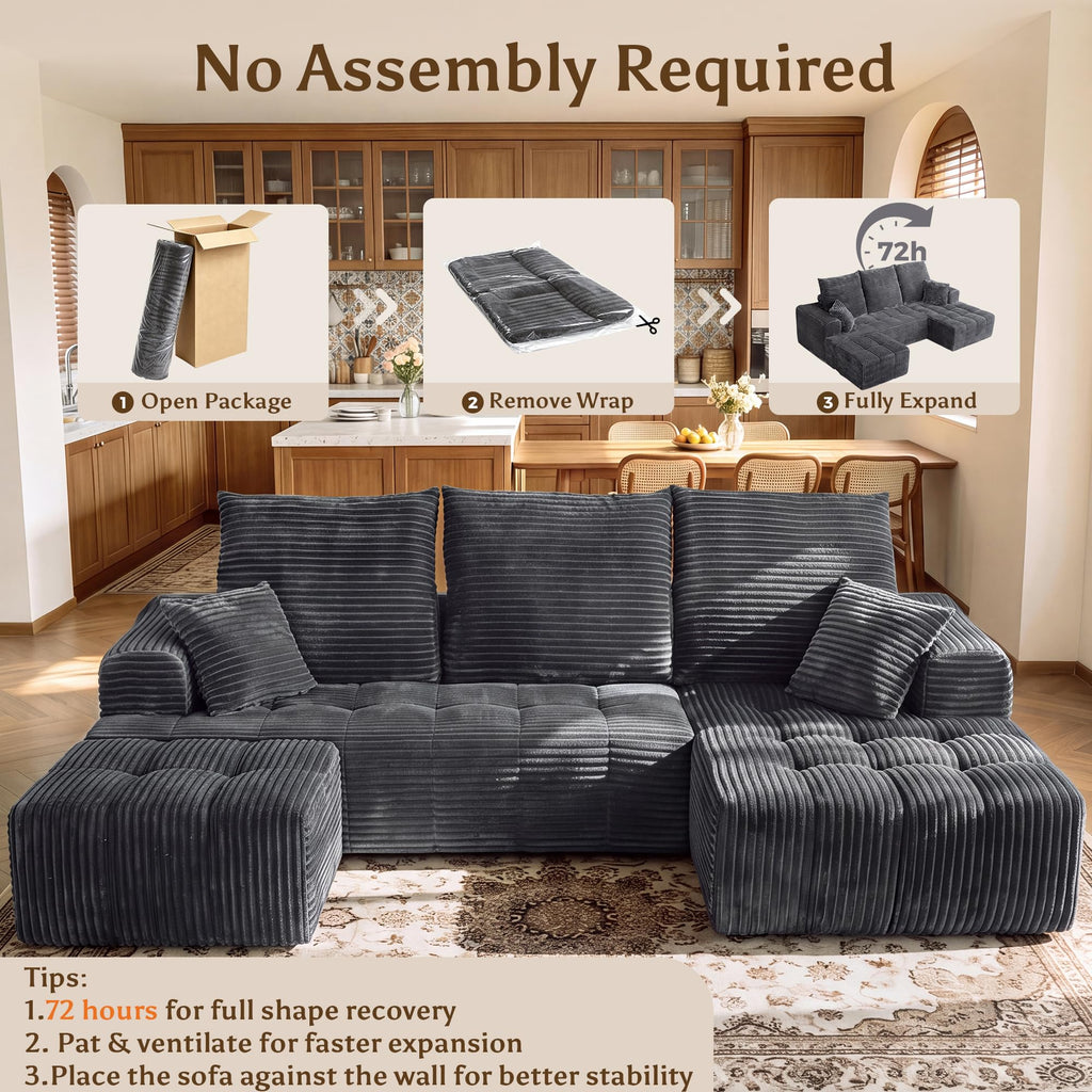 110" U Shaped Boneless Couches for Living Room, Cloud Couch with Ottoman