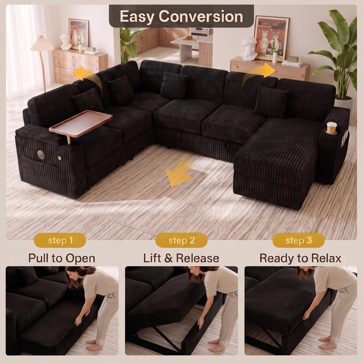 100" Modular Sectional Sleeper Sofa with Pull Out Bed, 7 Seat Corduroy U Shaped Couch with Storage Chaise|Reclining Backrest|Side Table|USB Port, Cloud Sectional Couches for Living Room, Black