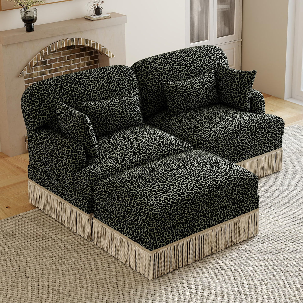 100" Leopard Print Chenille Modular Sectional Sofa with Tassels, L-Shaped Deep Seat Cloud Couch with Ottomans for Living Room, BGE-KHK