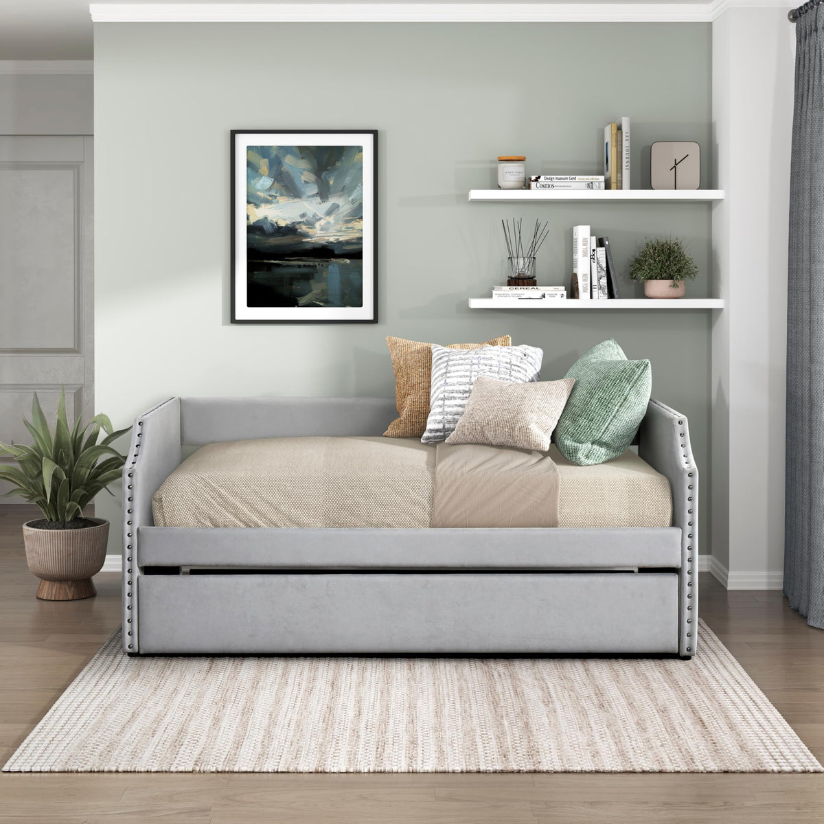 Versatile Daybed with Pull-Out Trundle, Textured Fabric Upholstery