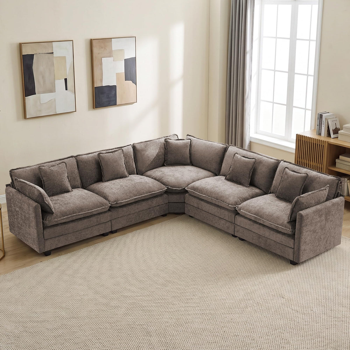 113" V-Shaped Cloud Couch, Modular Sectional for Living Room, Light Grey