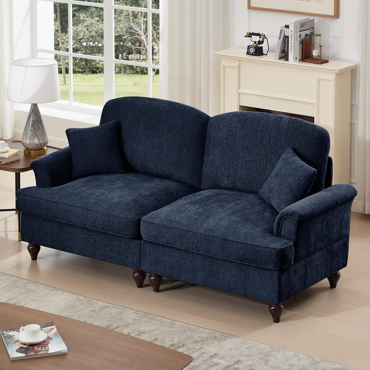 Tidyard Elegant Mid-Century Two-Seater Sofa with Flared Arms, Removable Ruffles, Spindle Legs & Chenille Fabric, Comfy Living Room Couch, Blue