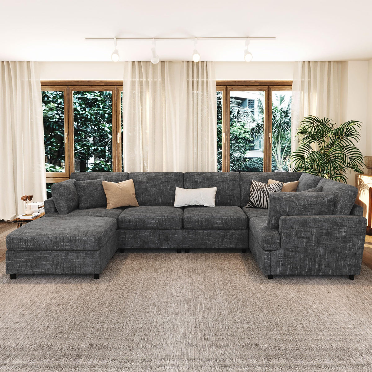 127" U Shaped Sectional Sofa with Movable Ottoman, 6 Chenille Fabric Sofa Set, Convertible Modular Corner Couch with Sturdy Pine Wood Frame, for Large Living Room and Apartment UC61