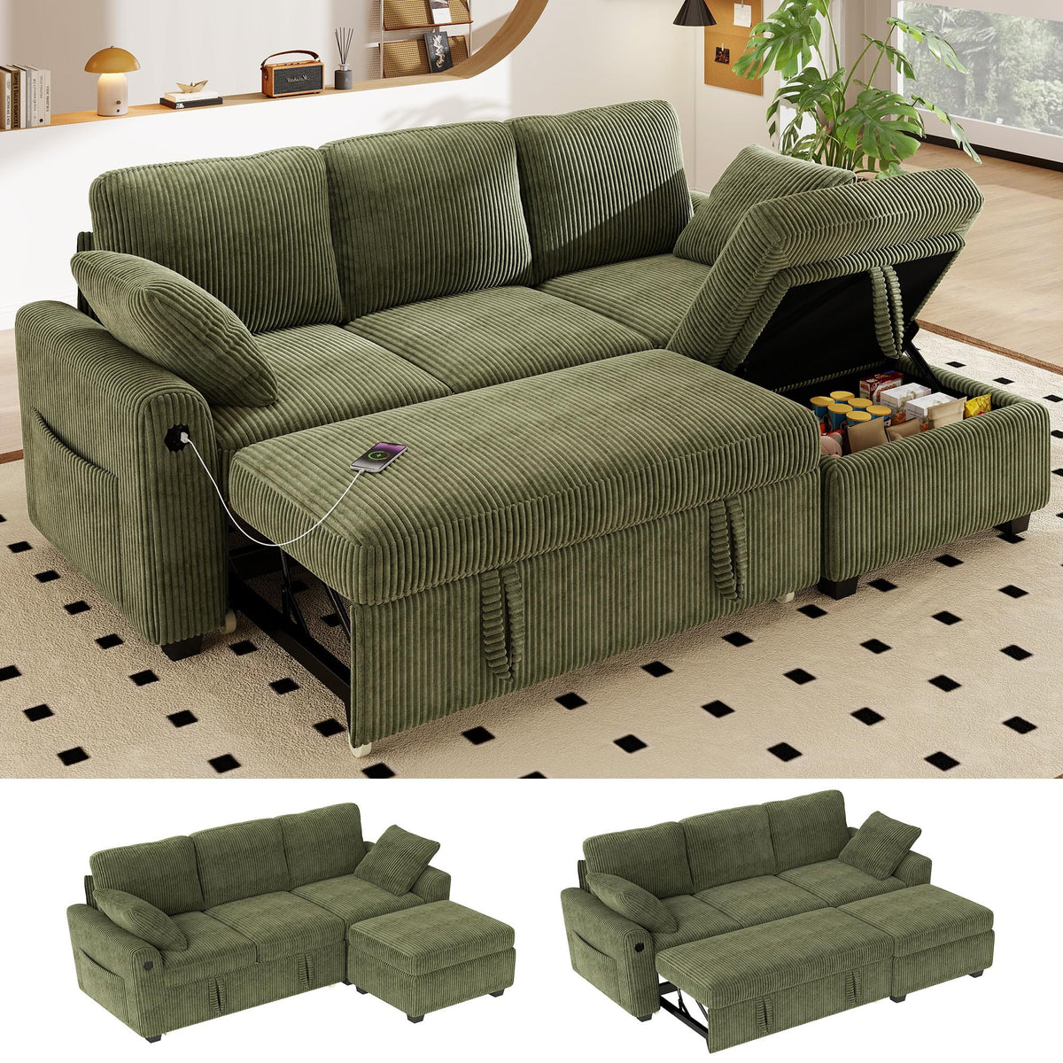 WorthFurni 104" Oversized 6 Seat L Shaped Sectional Sofa, Corduroy Convertible Couch with Pull Out Bed, Movable Storage Ottoman, USB Port, 2 Pillows & Storage Pocket for Living Room（Gray）