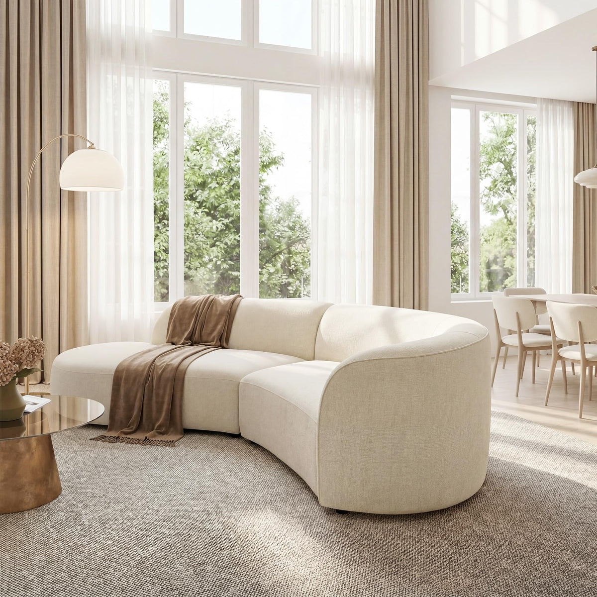 118" Left-Facing Chenille Sectional Sofa with Chaise, Modern Curved Cloud Couch, Deep Seat Upholstered Sofa with Solid Wood Frame, Organic Rounded Design for Living Room, Beige