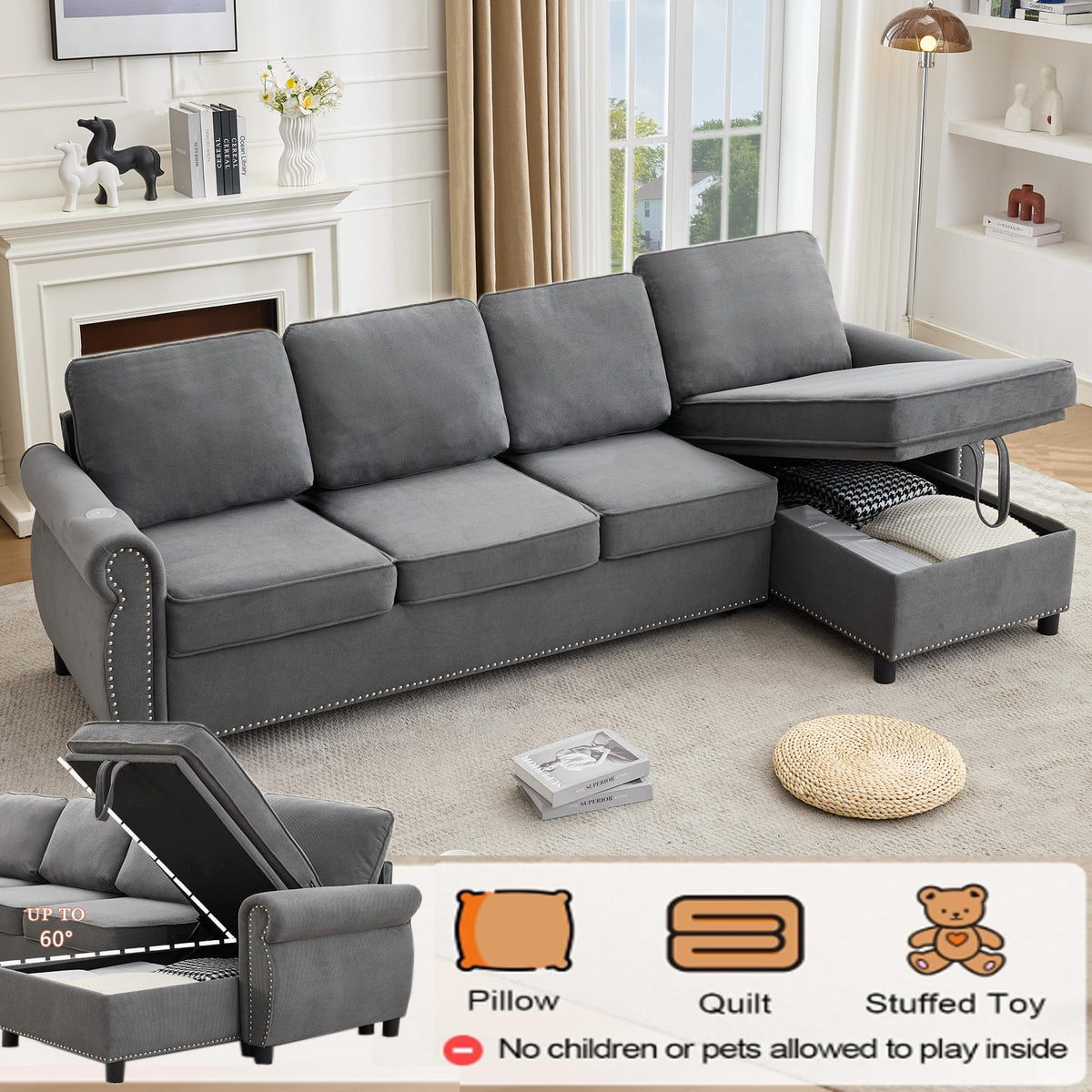 106.5" Convertible Sleeper Sofa Bed with Pull Out Couch, Dark Grey L Shaped Couch with Storage Chaise & Memory Mattress, Modular Sectional Couches with Wireless Charging & USB for Living Room