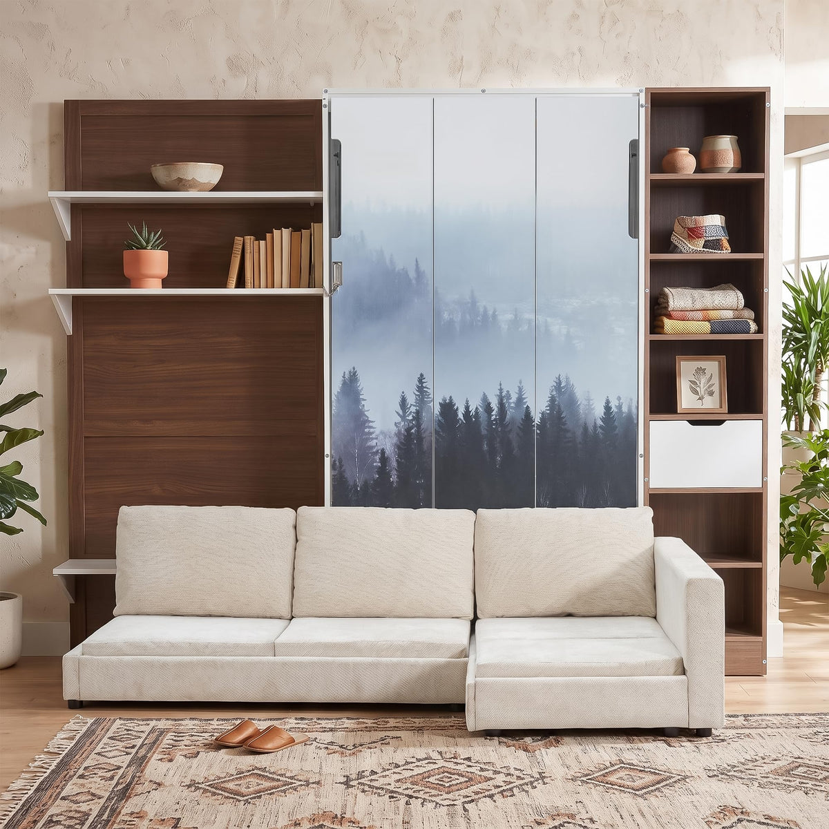 Wood Murphy Bed with Sofa, 4 Storage Shelves and USB Charging Station
