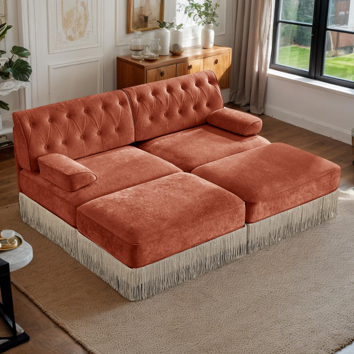 106'' Modern Chesterfield Style 3-Seater Sofa with 2 Ottoman, Upholstered Velvet Modular Sectional Sofa with Button Tufted, U Shape Deep Seat Cloud Sectional Couches for Living Room (Green)