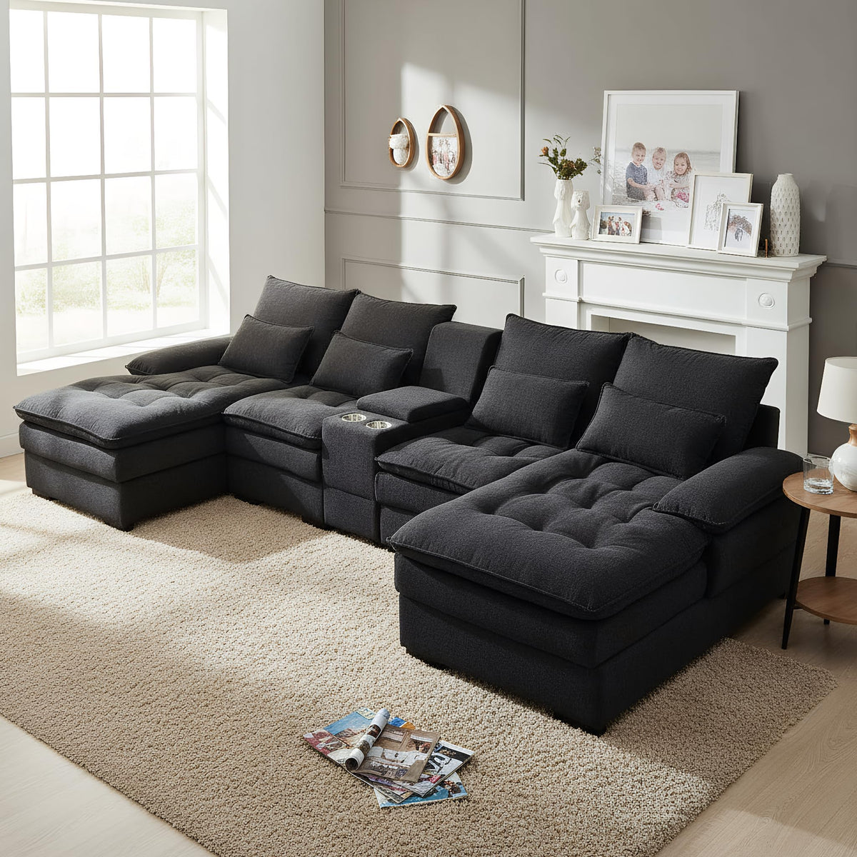 130" U-Shaped Modular Sectional Sofa, Oversized Cloud Couches with Storage Console & Cup Holders, Linen Sofa with Chaise/Pillows, 6-Seater Deep Seat Couches for Living Room (Black)