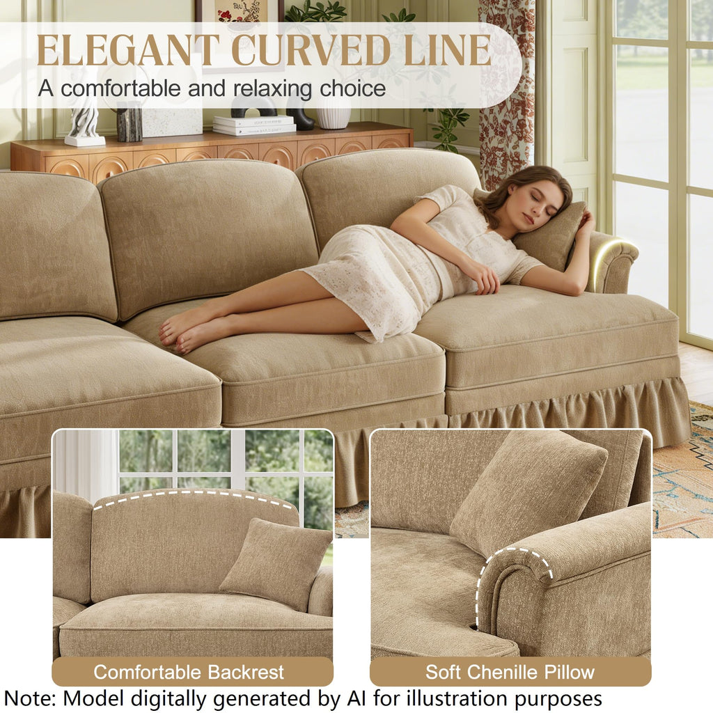 107'' Modern Sectional Sofa, Upholstered U-Shaped Couch with Removable Ruffles Pleats Skirts, Silver Chenille Cloud Couch, Ottoman, Flared Arms, 4-Seat Couches for Living Room, Bedroom, Camel