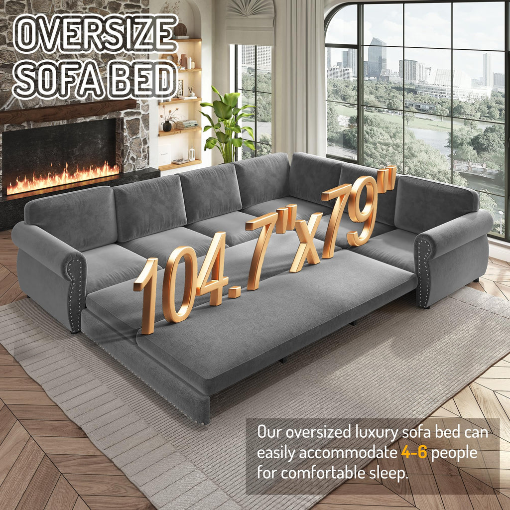 118" L-Shaped Sofa Couch with Pull-Out Bed,Oversize Convertible Sleeper Sofa with Nailhead Trim & Rolled Arm,Chenille Upholstered Sectional Couches,Light Grey