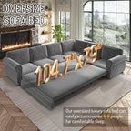 118" L-Shaped Sofa Couch with Pull-Out Bed,Oversize Convertible Sleeper Sofa with Nailhead Trim & Rolled Arm,Chenille Upholstered Sectional Couches,Light Grey