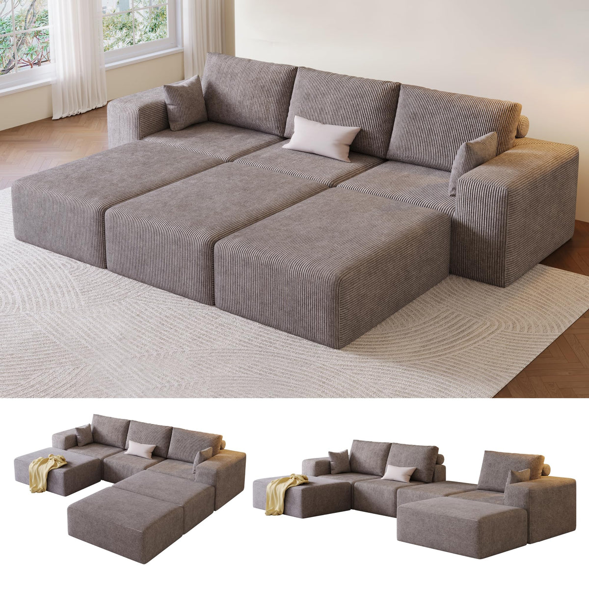 109" L-Shaped Corduroy Oversized Sectional Sofa w/Ottoman, Brown