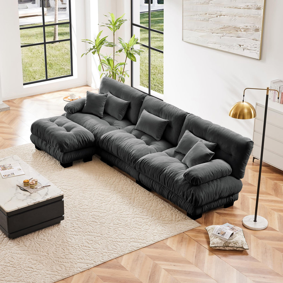 134" Oversized 3 Seater L Shaped Modular Sectional Sofa, Large Sectional Couches for Living Room, Chenille Cloud Couch with Pillows, Living Room Deep Seat Sofas with 3 Seats & 1 Ottoman, Pink