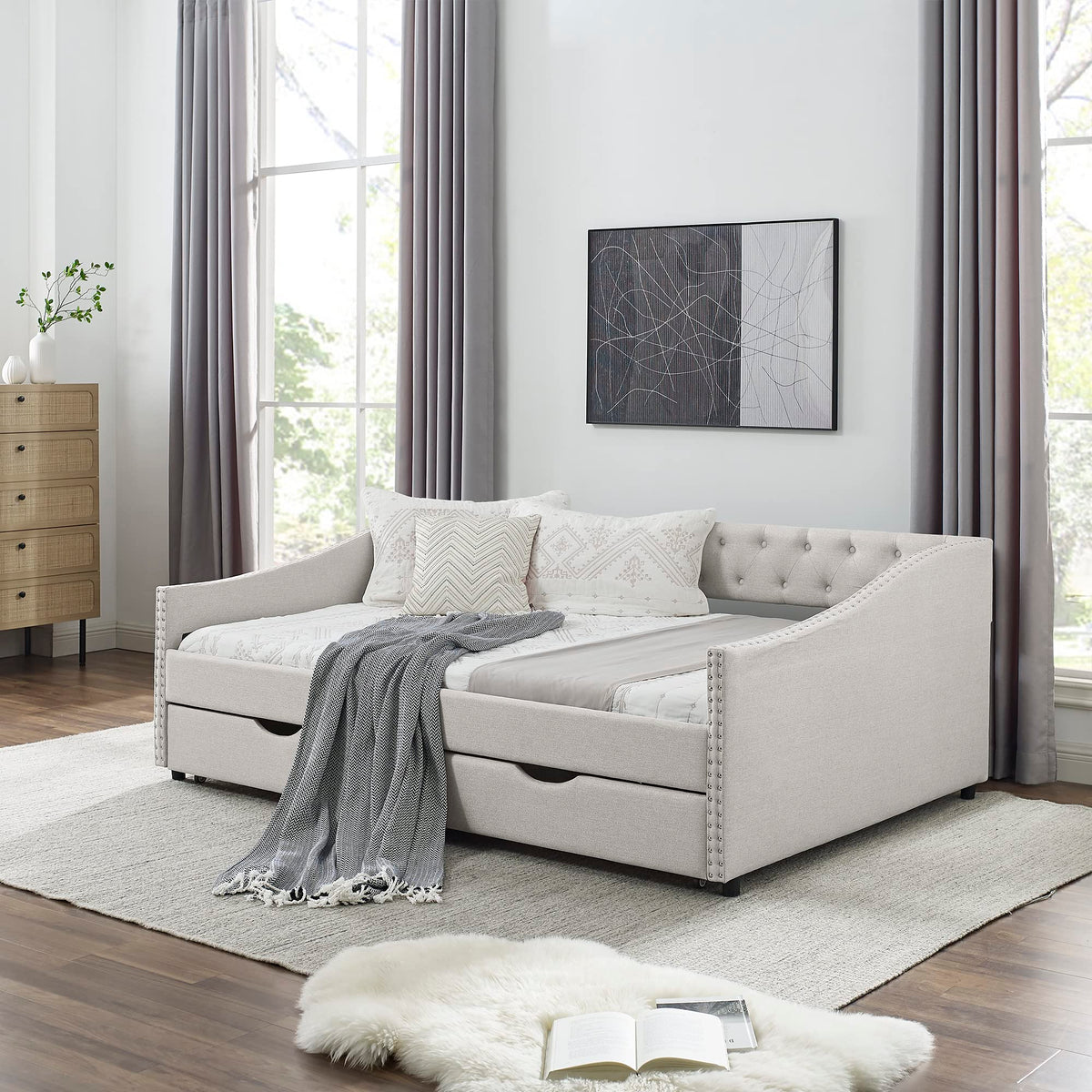 Versatile Daybed with Pull-Out Trundle, Textured Fabric Upholstery