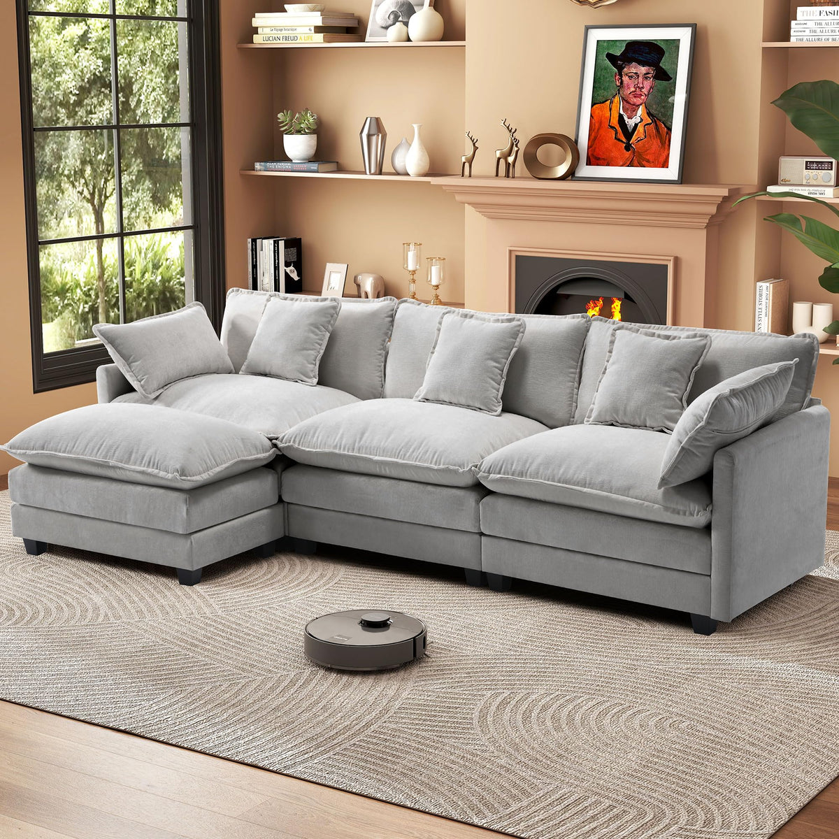 Urhanherry 111.4” L Shape Cloud Couch, Modular Sectional Sofa with Movable Ottoman, 3-Seater Chenille Couches Deep Seat with Throw Pillows for Living Room Apartment （Grey）