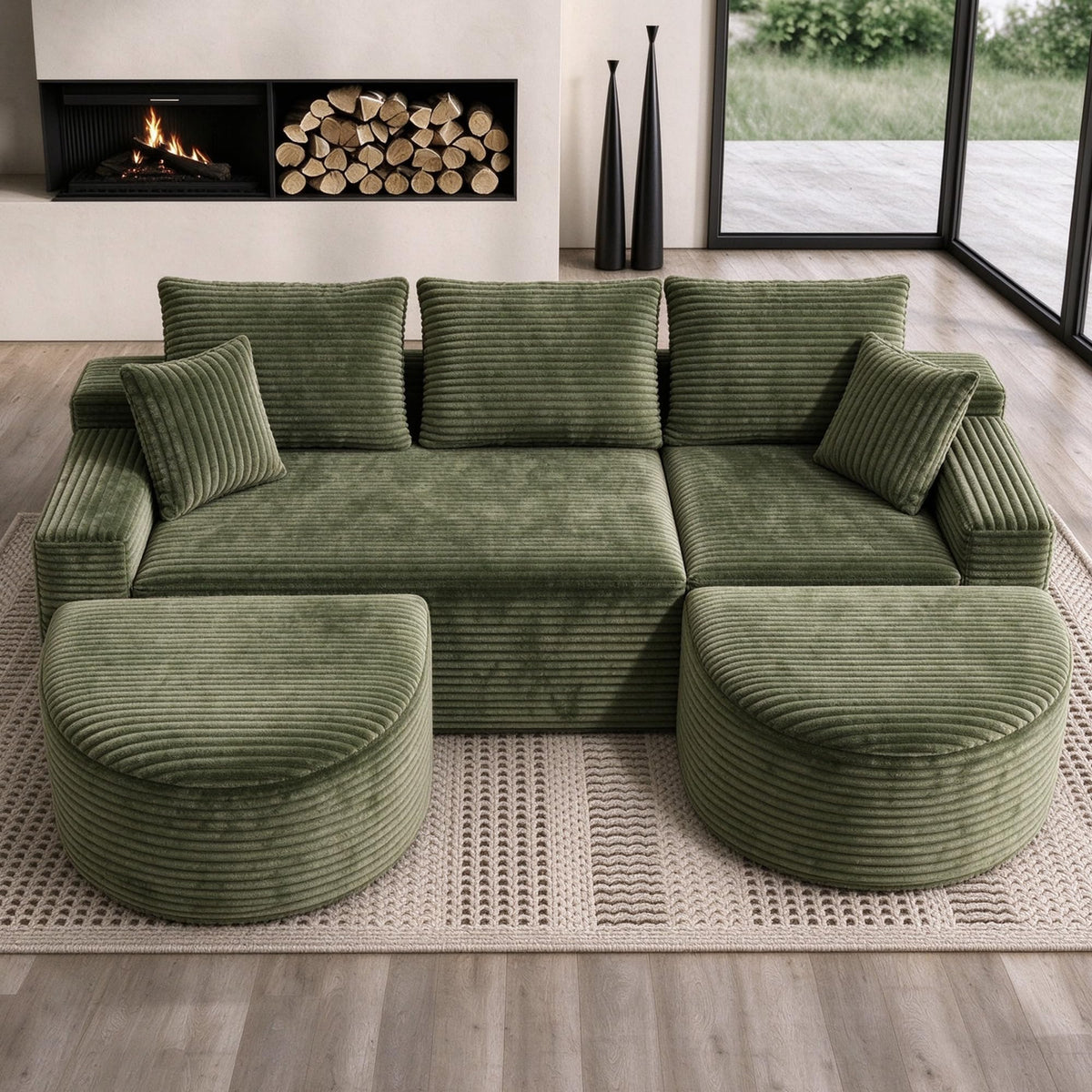 107" U Shaped Modular Boneless Sectional Sofa with 2 Curved Ottomans, Green