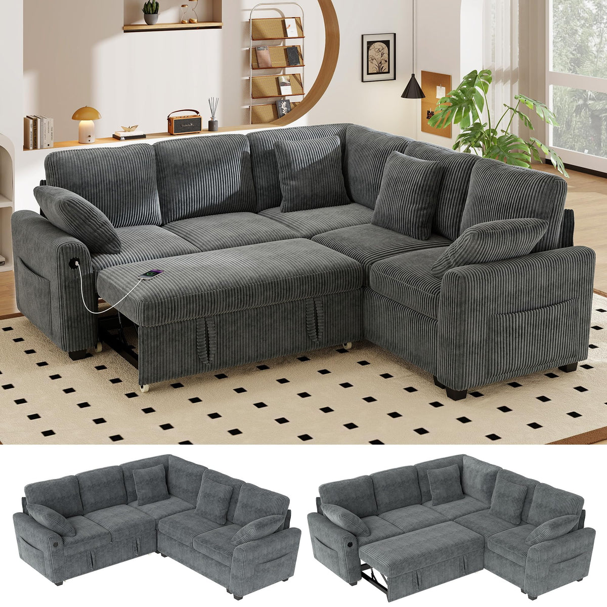 WorthFurni 104" Oversized 6 Seat L Shaped Sectional Sofa, Corduroy Convertible Couch with Pull Out Bed, Movable Storage Ottoman, USB Port, 2 Pillows & Storage Pocket for Living Room（Gray）