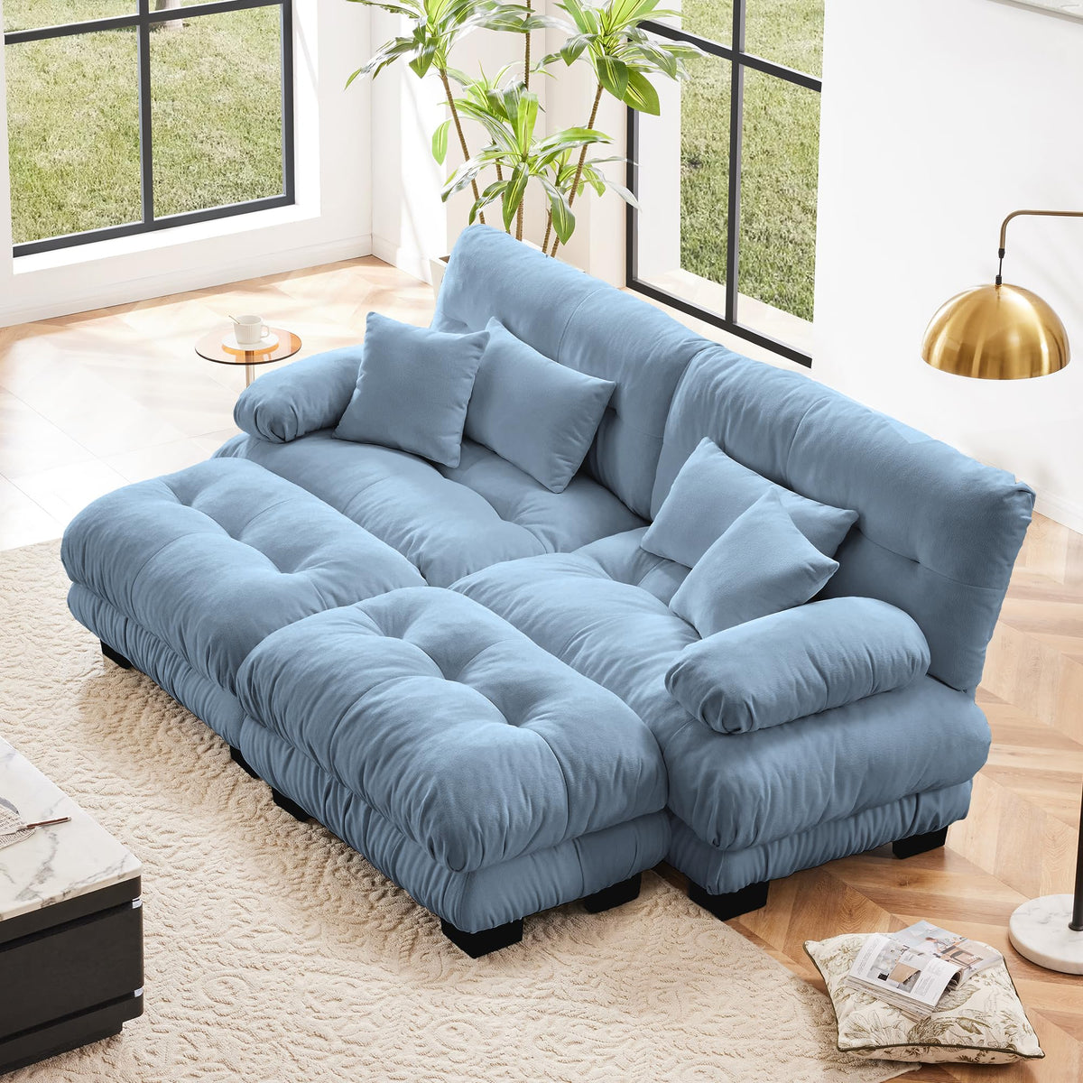 130" Modular Sectional Sofa,Velvet Upholstered Couches for Living Room,3 Seater Green Sofa Couch with Movable Ottoman,Big Comfy Loveseat Sofa with Deep Seats for Living Room,Apartment,Bedroom