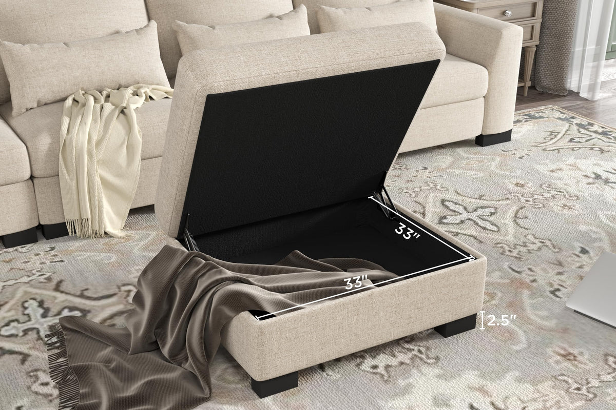 130" Beige Modular L Shaped Sofa with Storage Ottoman Spring Pack Cushion, Solid Wood Frame, Combination Design PU889