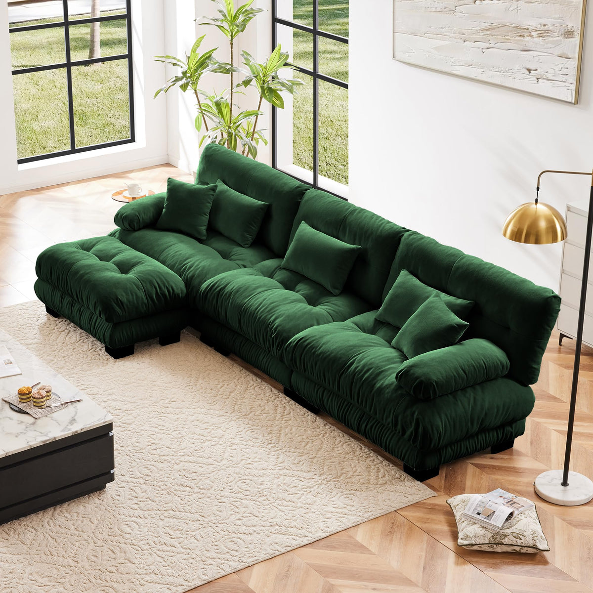 134" Oversized 3 Seater L Shaped Modular Sectional Sofa, Large Sectional Couches for Living Room, Chenille Cloud Couch with Pillows, Living Room Deep Seat Sofas with 3 Seats & 1 Ottoman, Pink