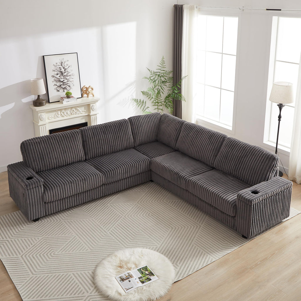 110 Inch Oversized Corduroy Corner Sofa,L Shaped Corner Couch with Two Storage Spaces,USB Port Type C Port and Cup Holder, Deep Seat Comfy Upholstered Couches for Living Room(Not Freely combinable)