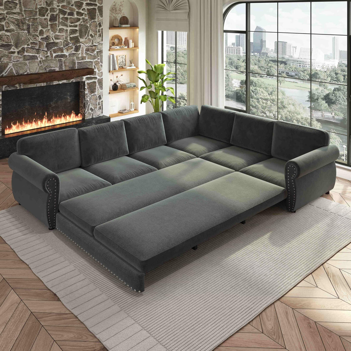 118'' Pull Out Couch, Convertible Sleeper Sofa Bed, Upholstered Sectional Sofa, Chenille L-Shaped Couch with Nailhead Trim, Modern Sectional Couches for Living Room, Apartment, Dark Grey