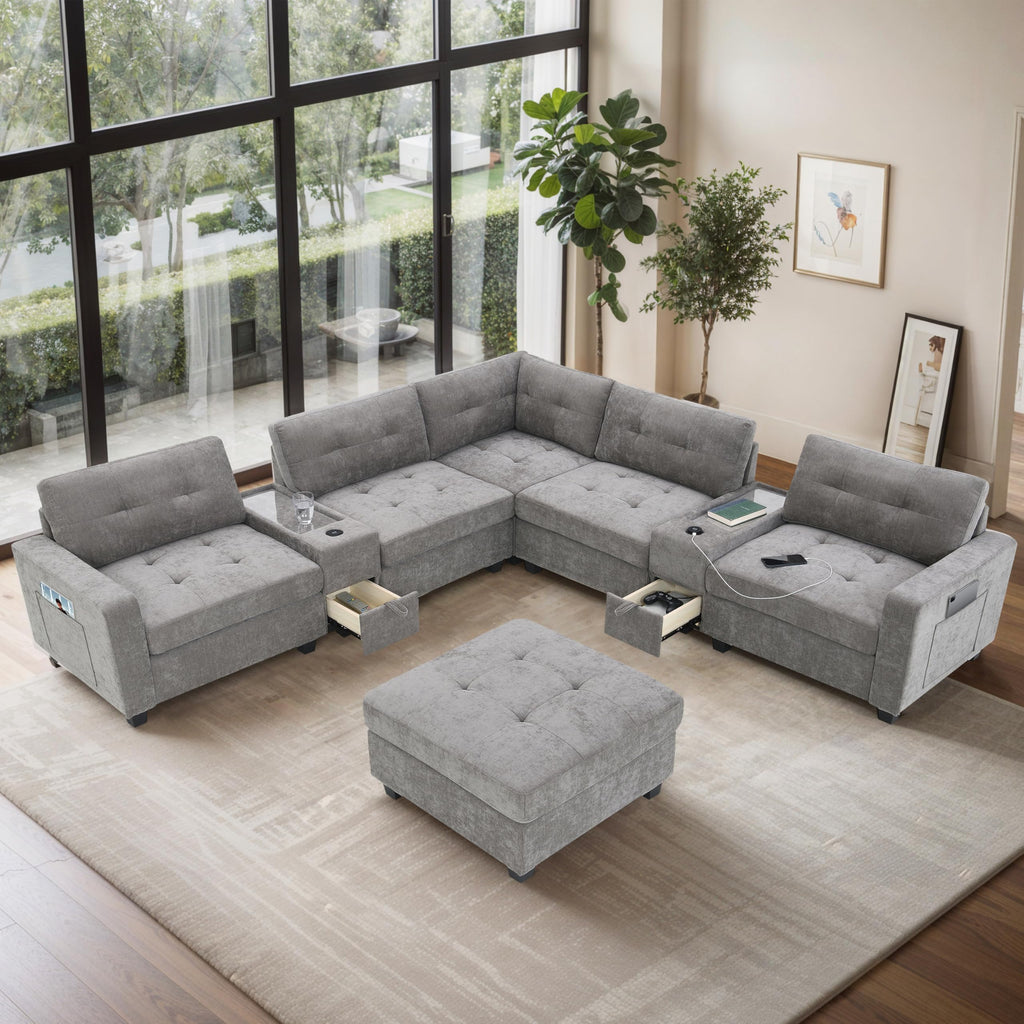 104'' Sectional Sofa with Acrylic Table Top,Chenille U Shaped Couch Set with 2 Consoles,USB Charger,Storage Drawers and Pockets,Movable Ottoman,Tufted Sofa for Living Room,Apartment, Gray