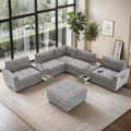 104'' Sectional Sofa with Acrylic Table Top,Chenille U Shaped Couch Set with 2 Consoles,USB Charger,Storage Drawers and Pockets,Movable Ottoman,Tufted Sofa for Living Room,Apartment, Gray