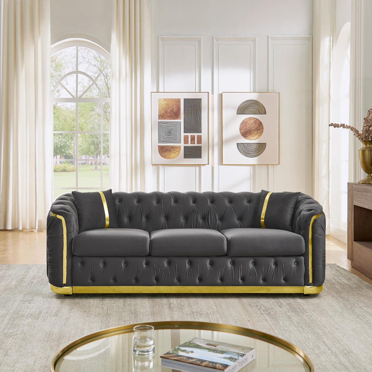 Velvet Chesterfield Sofa Set, 3-Seater and Loveseat