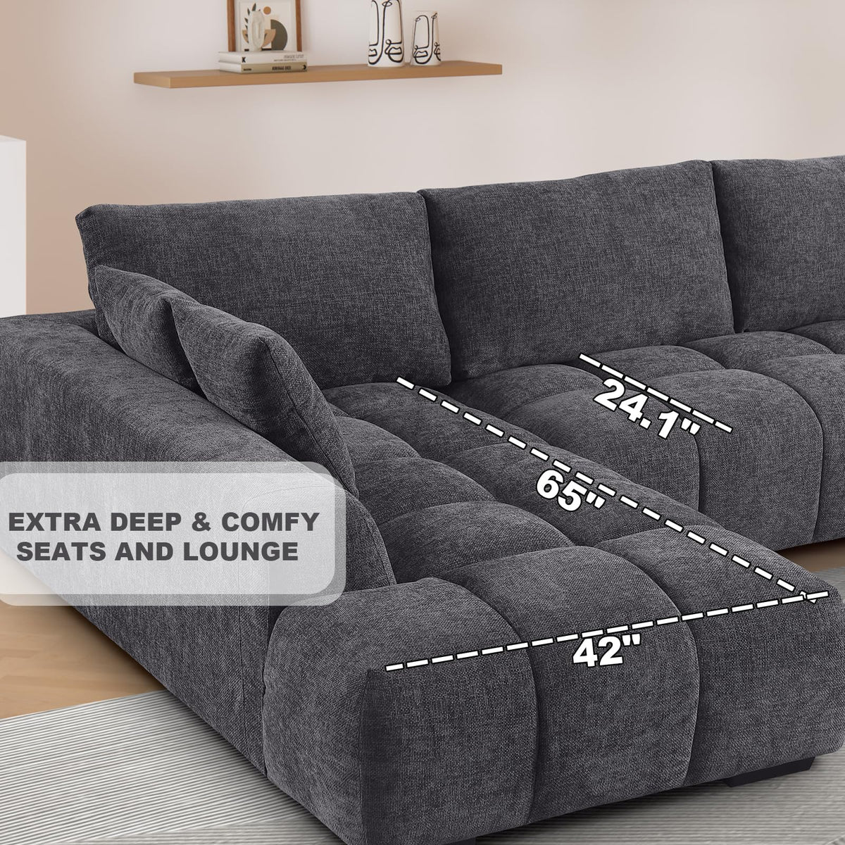 118-Inch Luxury Curved Sofa Modern Sectional Couch for Living Room Oversized L-Shaped Comfort Chenille Cloud Couch with Deep Seating for Family Gatherings,Daily Usage (Gray,Left Facing)