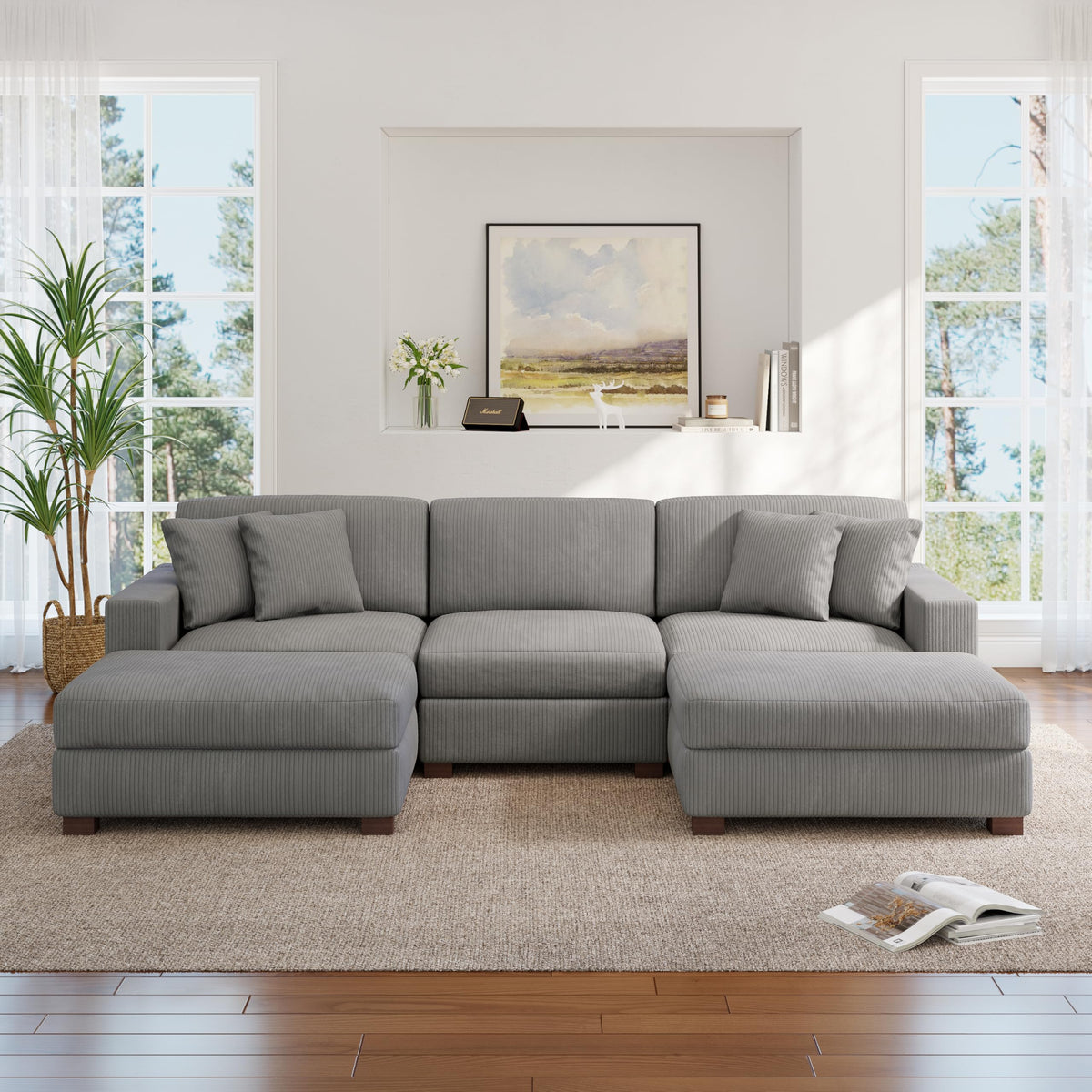 118.3" L-Shaped Modular Sectional Sofa with Chaise, Comfy Corduroy Fluffy Couch with Deep Seat, Flexible Module Combination for Living Room, Cotton Flannel Light Brown