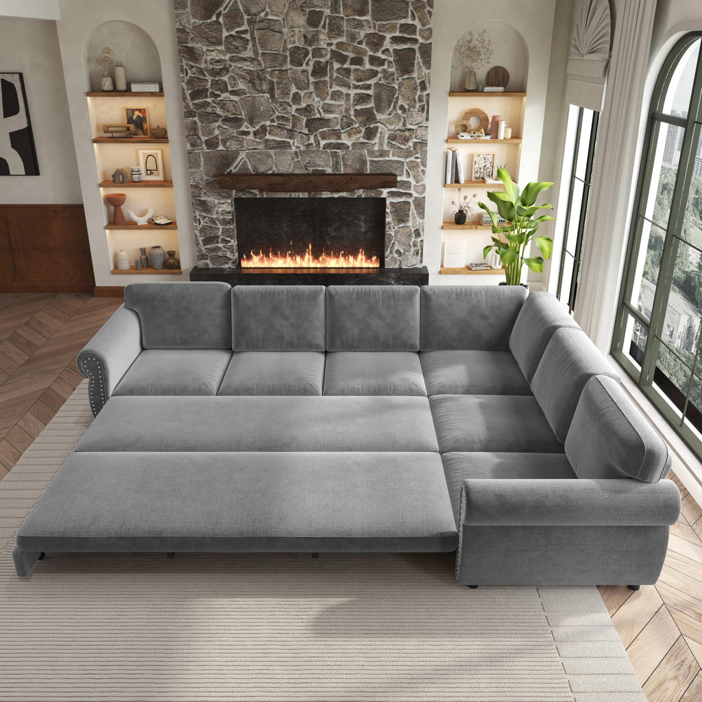 118'' Pull Out Couch, Convertible Sleeper Sofa Bed, Upholstered Sectional Sofa, Chenille L-Shaped Couch with Nailhead Trim, Modern Sectional Couches for Apartment, Living Room, Light Grey